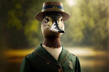 A duck in a park rangers uniform. Generative AI