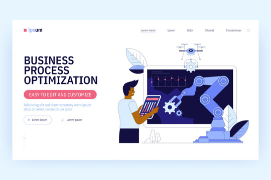 Automation business process vector illustration. Company strategy. Work organization. Project management, software development. Automated business system concept with robot arms and gears