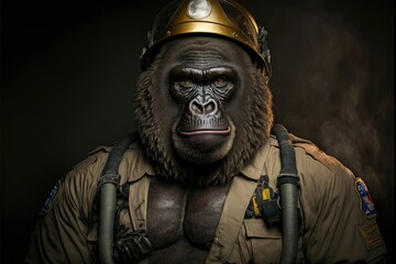 Gorilla in a firefighters outfit. Generative AI