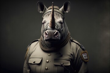 Fototapeta na wymiar Rhinoceros in a soldier uniform. Generative AI
