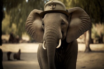 Obraz premium An elephant in a park with rangers uniform. Generative AI