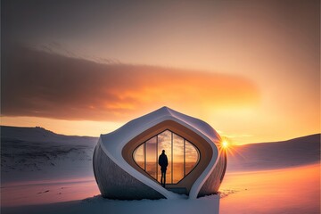 Fototapeta na wymiar Architectural photography of a minimalist contemporary house, winter landscape. Generative AI