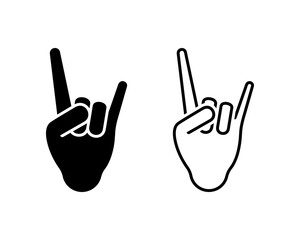 Rock hand sign gesture vector illustration icon set. Two fingers fist heavy metal horn line outline cut out black white silhouette pictogram