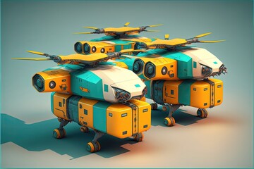 Obraz premium A fleet of electric cargo drones, futuristic delivery. Generative AI