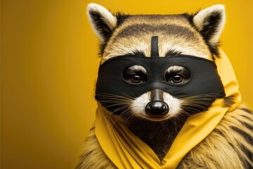 Humorous raccoon with a band, masked raccoon on yellow background. Generative AI - obrazy, fototapety, plakaty