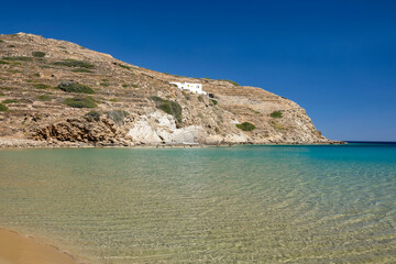 The stunning turquoise sandy beach of Kolitsani View in Ios Cyclades Greece