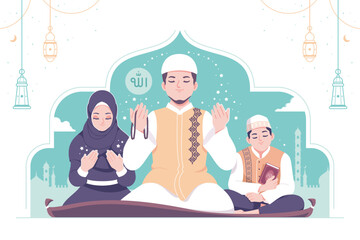 islamic family praying together illustration