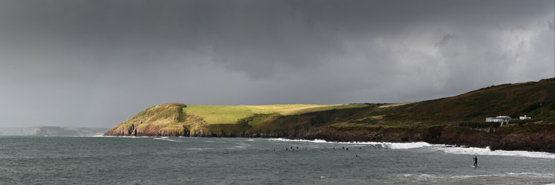 Scenic view of storm clouds over sea, Manorbier Beach, Pembrokeshire, Wales