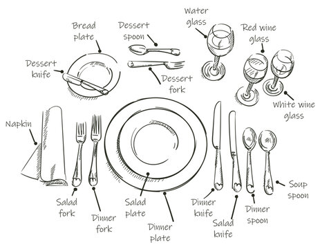 Table setting, top view. Vector illustrations such as plates, forks, spoons, knives, wine glasses with original custom fonts. dark lines on a white background. Use in the restaurant business.