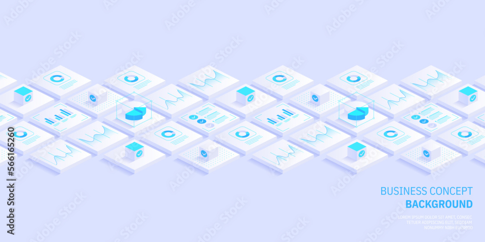 Poster business and finance abstract vector isometric background. online statistics and data analytics. dig