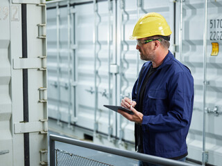 Foreman looking at cargo container writing with digitzed pen on digital tablet