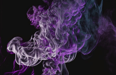Purple, white and blue smoke or steam black background. Generative AI.