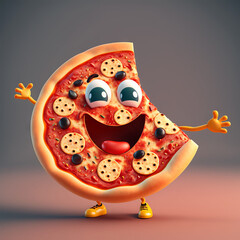 Cute pizza character isolated on empty background. Happy food smiling. Generative ai