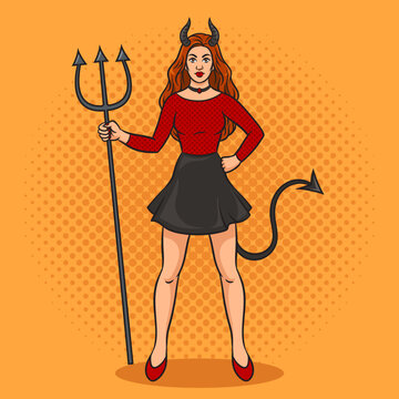 Devil hell girl woman with trident pitchfork color pinup pop art retro vector illustration. Comic book style imitation.