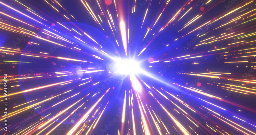 Poster abstract blue yellow flying stars bright glowing in space with particles and magical energy lines in