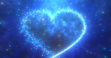 Glowing blue love heart made of particles on a blue festive background for Valentine's Day