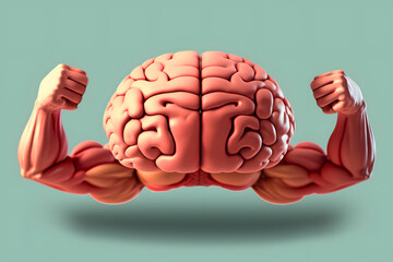 Strong human brain power concept erudite mind memory head health. gray matter neurons with developed inflated arms biceps muscles, personifies an intelligent scientist.