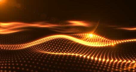 Abstract yellow orange glowing waves from particles and dots energy magical futuristic hi-tech, abstract background