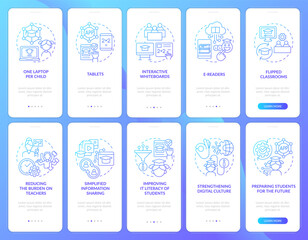 ICT in education industry blue gradient onboarding mobile app screens set. Walkthrough 5 steps graphic instructions with linear concepts. UI, UX, GUI template. Myriad Pro-Bold, Regular fonts used