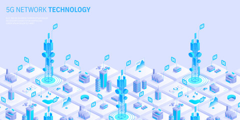 Fototapeta na wymiar 5g network technology concept. Wireless mobile telecommunication service. City buildings with telecommunication towers. Marketing website landing template. Isometric vector illustration.
