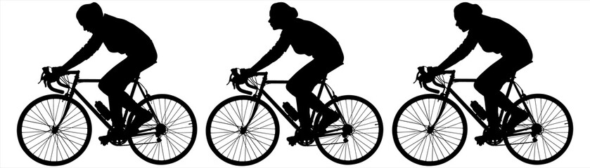 Girl cyclists ride one after another, in one line. Bicycle competition. Cycling competition. A woman rides a bicycle. Side view, profile. Three black female silhouettes isolated on white background