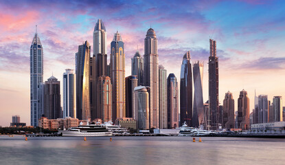 Dubai skyline - Marina skyscrapers at dramatic sunrise, United Arab Emirates - obrazy, fototapety, plakaty