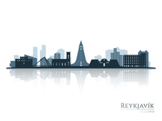 Reykjavik skyline silhouette with reflection. Landscape Reykjavik, Iceland. Vector illustration.