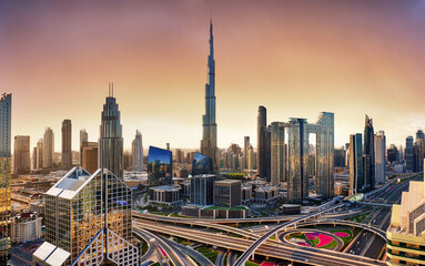 Fototapeta na wymiar Dubai skyline at sunset with Burj Khalifa - aerial view, United Arab Emirates