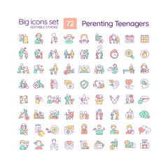 Parenting teenagers RGB color icons set. Raising adolescent children. Relationship in family. Isolated vector illustrations. Simple filled line drawings collection. Editable stroke