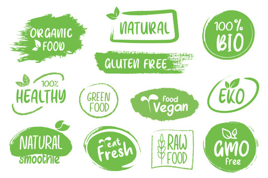 Organic food labels set graphic elements in flat design. Bundle of logos, stamps and badges for natural products, gluten and gmo free, vegan, healthy, fresh signs.Vector illustration isolated objects