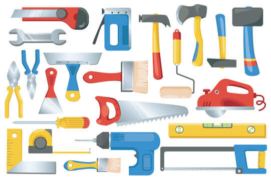 Building and repair tools set graphic elements in flat design. Bundle of hammer, paint roller, axe, tape measure, brush, wrench, pliers, screwdriver, saw and other.Vector illustration isolated objects