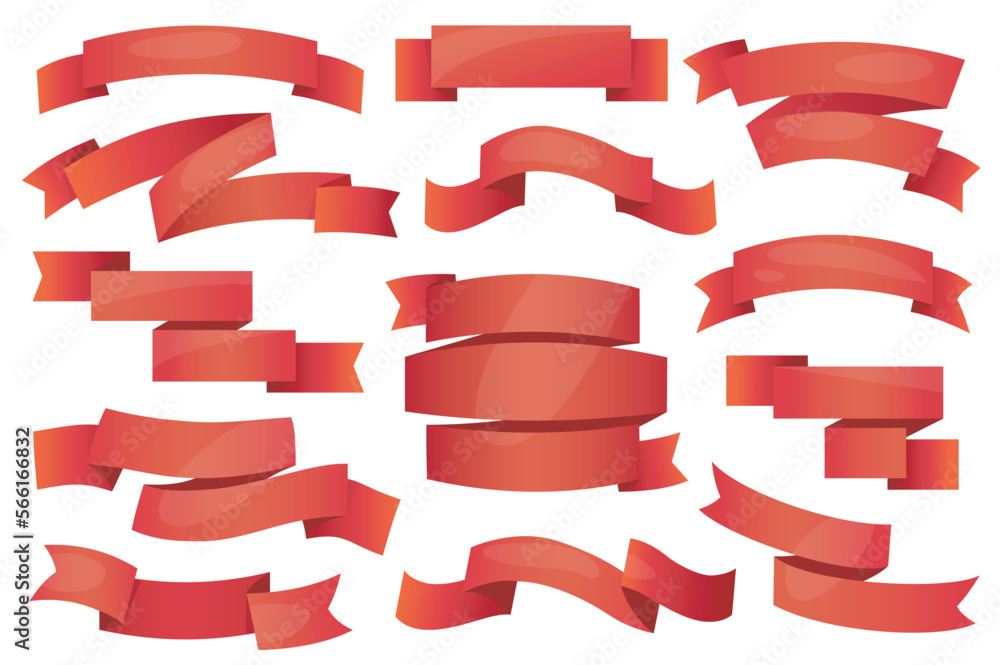 Poster red ribbons and badges set graphic elements in flat design. bundle of empty cartoon swirl and curve 