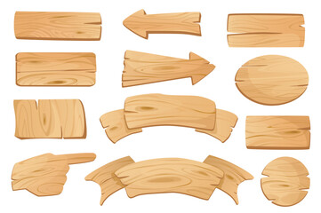 Wooden banners set graphic elements in flat design. Bundle of empty cartoon plaques, arrows guidepost, billboards, direction signposts and pointers templates. Vector illustration isolated objects