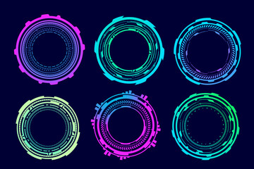 HUD futuristic elements. Abstract optical neon aim. Circle geometric shapes for virtual interface and games. Camera viewfinder for sniper weapon. Vector set