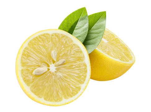 Two halves of delicious lemon fruit with leaves, cut out