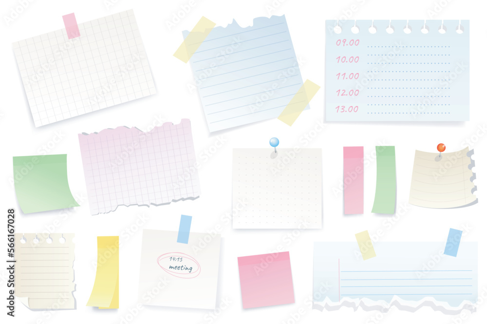 Aufkleber reminder notepad sheets set graphic elements in flat design. bundle of blank torn pieces of paper wi