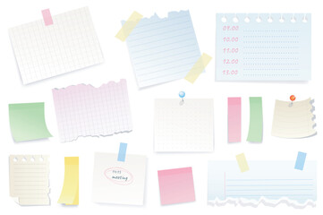 Reminder notepad sheets set graphic elements in flat design. Bundle of blank torn pieces of paper with tape or thumbtack, meeting reminder or to do list with pin. Vector illustration isolated objects