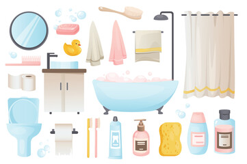 Naklejka na ściany i meble Bathroom tools set graphic elements in flat design. Bundle of bath, mirror, soap, rubber duck, towel, shower curtain, comb, toilet, paper, sink, shampoo and other. Vector illustration isolated objects