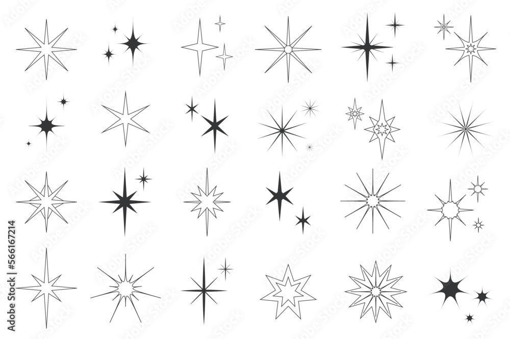 Poster line stars set graphic elements in flat design. bundle of minimalistic linear black symbols of starr