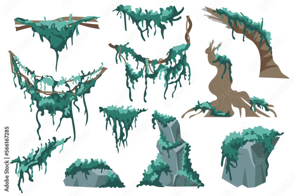 Poster moss and lichens set graphic elements in flat design. bundle of swamp green lichen on tree trunks an