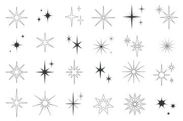 Line stars set graphic elements in flat design. Bundle of minimalistic linear black symbols of starry night, falling star, firework in sky, Christmas decorations. Vector illustration isolated objects
