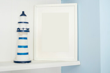 Portrait white picture frame mockup with sea decorations 