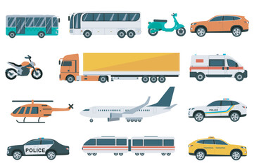 Transports set graphic elements in flat design. Bundle of bus, motorbike, car, motorcycle, truck, ambulance, helicopter, plane, police, train and other. Vector illustration isolated objects © alexdndz