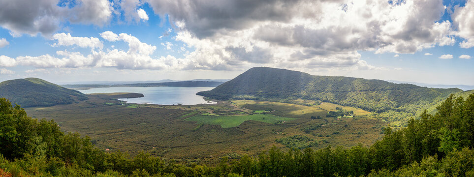 Italy, Lazio, Panoramic view of clouds over Lake Vico and surrounding landscape