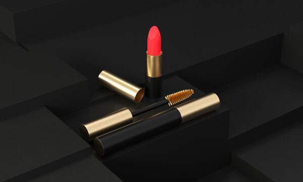Three dimensional render of red lipstick and mascara