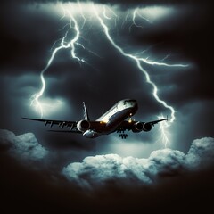 Airplane flies under heavy thunder storm clouds and lightning in the sky scary dangeorus speed of light transport passengers panic problem