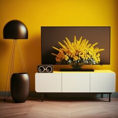 big LED TV on cabinet in modern living room with lamp,table,flower and plant on yellow wall background smart plasma vase interior 