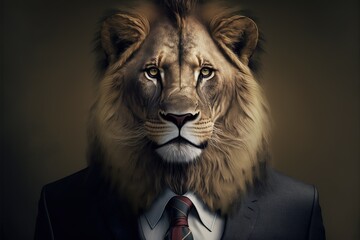 Portrait of a lion dressed in a formal business suit, generative AI