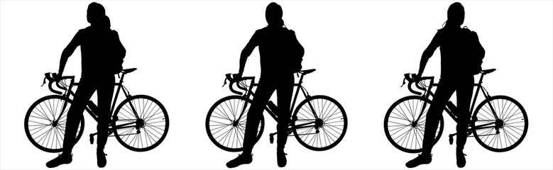 A cyclist near the bike looks around. Front view, full face, bike view: profile. A girl with a backpack on her back sits on the frame of her bike. Black female silhouette isolated on white background