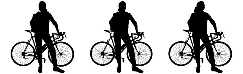 A cyclist near the bike looks around. Front view, full face, bike view: profile. A girl with a backpack on her back sits on the frame of her bike. Black female silhouette isolated on white background